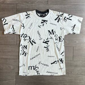 Vintage 90s Disney Originals Mickey All Over Print Typography T-Shirt Size M